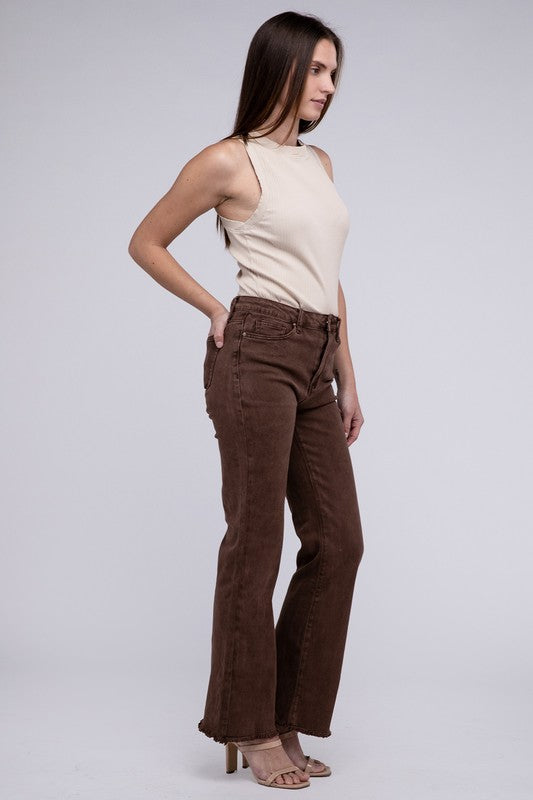 Zenana Acid Washed Frayed Cutoff Hem Straight Wide Pants