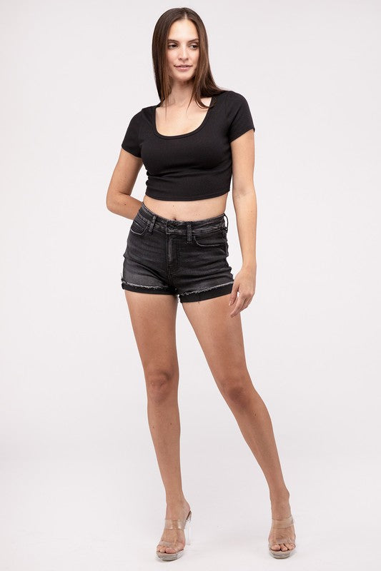 Zenana Clothing Washed Black Cuffed Raw Hem Denim Shorts