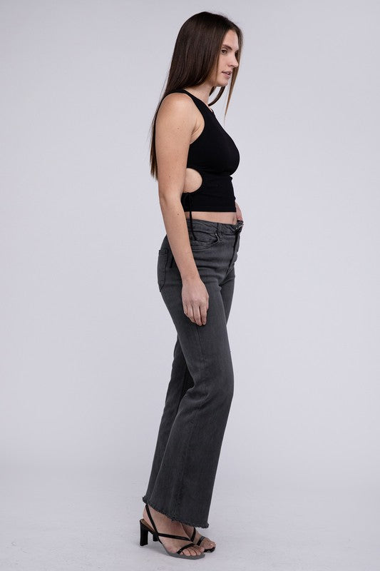 Zenana Acid Washed Frayed Cutoff Hem Straight Wide Pants