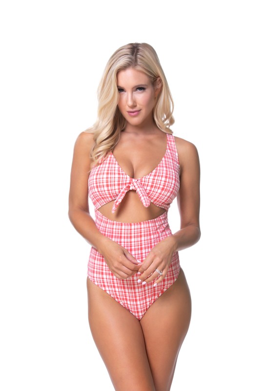 Textured Plaid Cutout One Piece Swimsuit