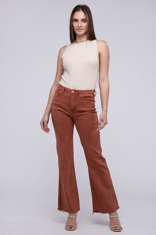 Zenana Acid Washed Frayed Cutoff Hem Straight Wide Pants