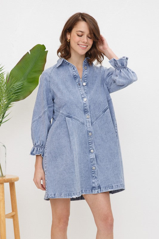 Washed Long Sleeve Button Front Denim Dress/Top