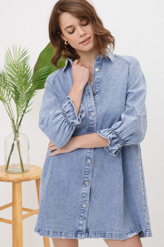 Washed Long Sleeve Button Front Denim Dress/Top