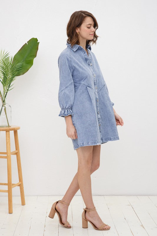 Washed Long Sleeve Button Front Denim Dress/Top