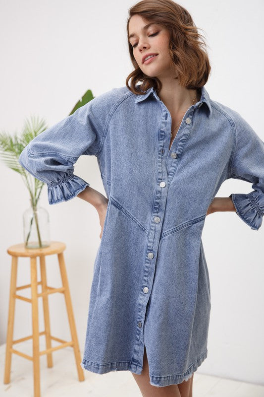 Washed Long Sleeve Button Front Denim Dress/Top