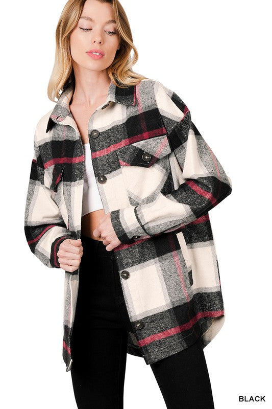 Zenana Clothing Oversized Long Sleeve Yarn Dyed Plaid Shacket