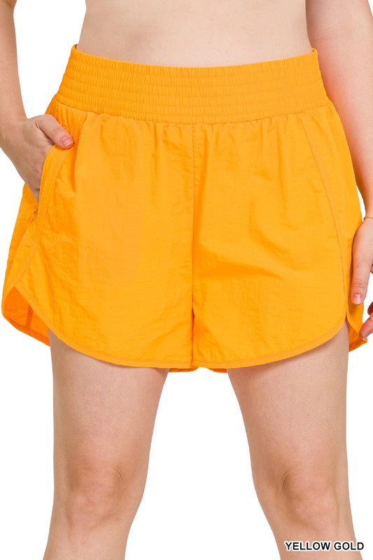 Zenana Clothing Plus Windbreaker Smocked Waistband Running Shorts