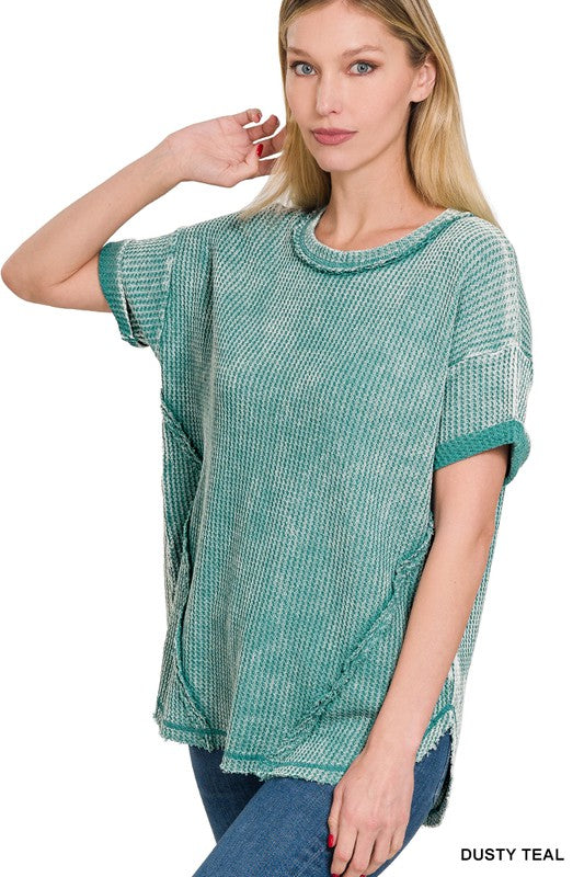 Zenana Clothing Washed Waffle Rolled Up Short Sleeve Top