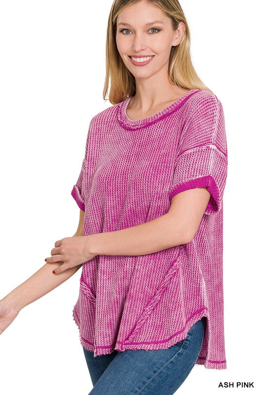 Zenana Clothing Washed Waffle Rolled Up Short Sleeve Top