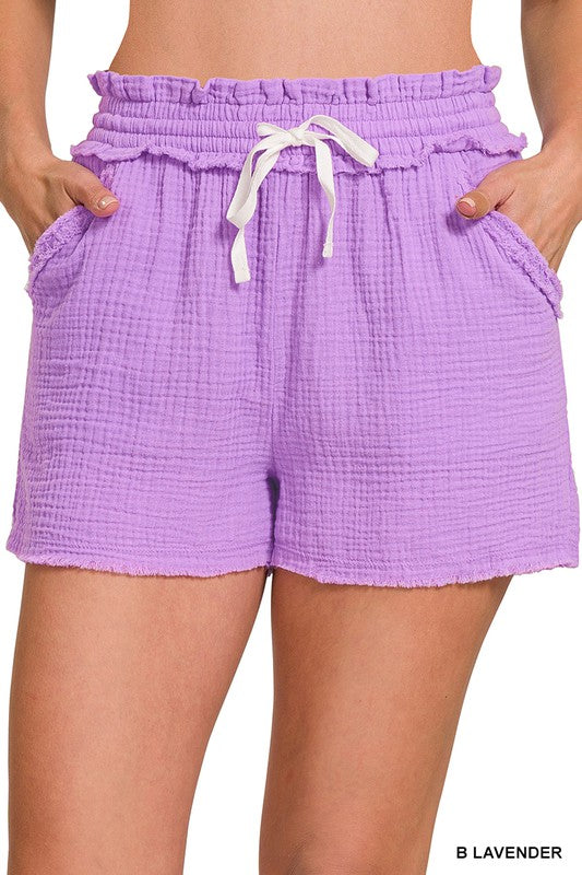 Zenana Brand Double Elastic band Drawstring Waist Shorts