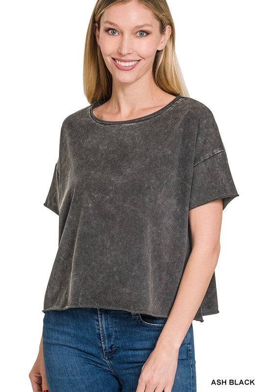 Zenana Brand Acid Wash Raw Edge Short Sleeve Crop Top