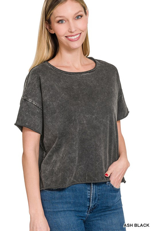 Zenana Brand Acid Wash Raw Edge Short Sleeve Crop Top