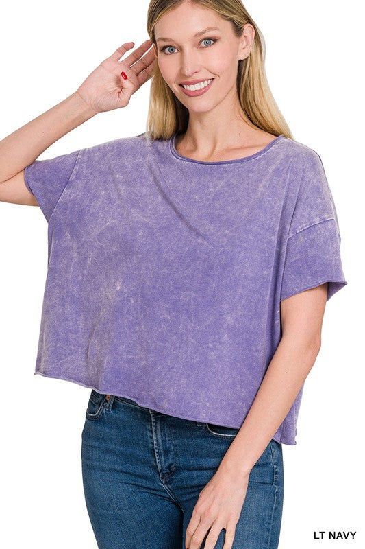 Zenana Brand Acid Wash Raw Edge Short Sleeve Crop Top