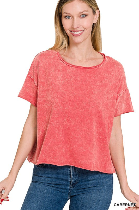 Zenana Brand Acid Wash Raw Edge Short Sleeve Crop Top