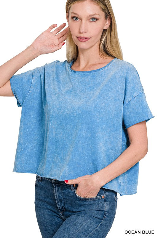 Zenana Brand Acid Wash Raw Edge Short Sleeve Crop Top