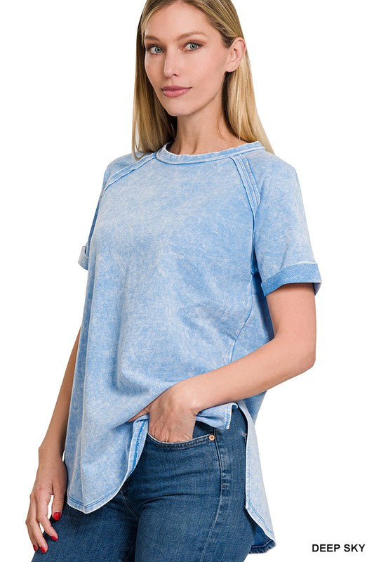 Zenana Brand French Terry Acid Wash Short Cuff Sleeve Pullover