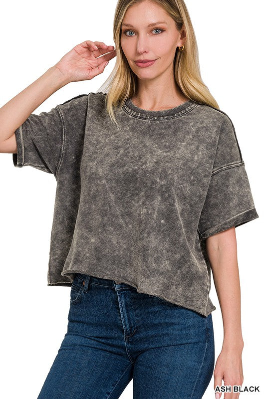 Zenana Brand French Terry Acid Wash Raw Edge Crop Top