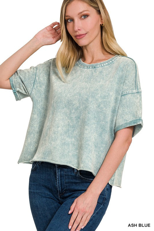 Zenana Brand French Terry Acid Wash Raw Edge Crop Top