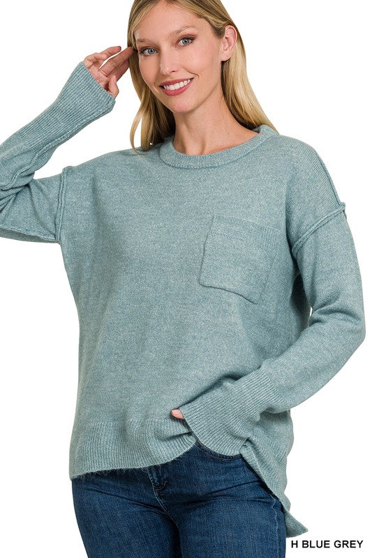 Zenana Clothing Melange Hi-Low Hem Round Neck Sweater – Blueberi
