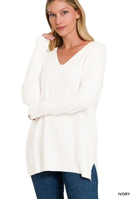 Zenana Clothing Hi-Low Garment Dyed V-Neck Front Seam Sweater