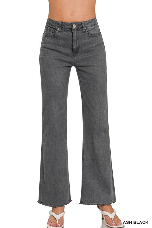 Zenana Acid Washed Frayed Cutoff Hem Straight Wide Pants