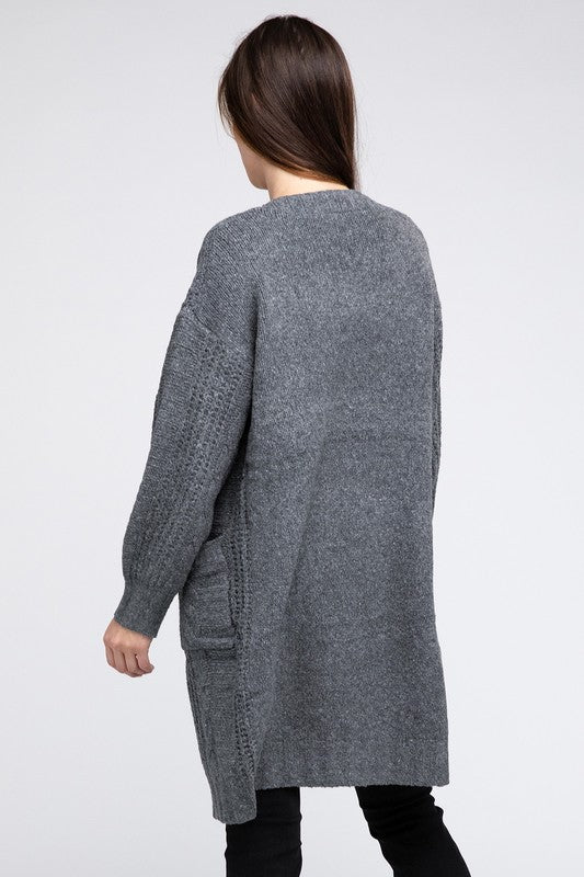 Twist Knitted Long Sleeve Open Front Cardigan With Pockets