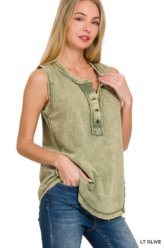 Zenana Clothing Washed Half-Button Raw Edge Sleeveless Henley Top