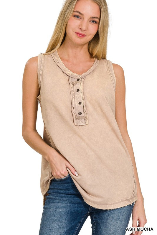 Zenana Clothing Washed Half-Button Raw Edge Sleeveless Henley Top