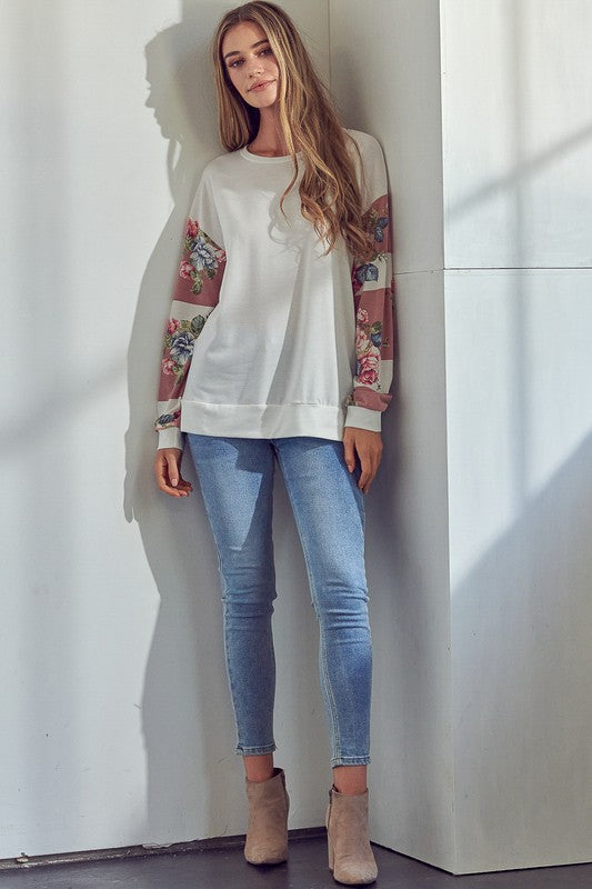 Solid Color Long Sleeve  Floral Mix Sweatshirt