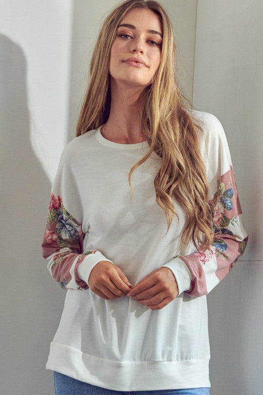 Solid Color Long Sleeve  Floral Mix Sweatshirt