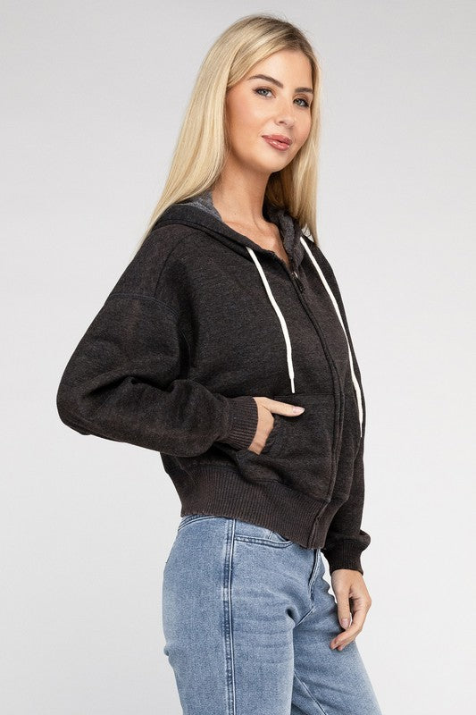 Zenana Brand Acid Wash Fleece Cropped Zip-Up Hoodie