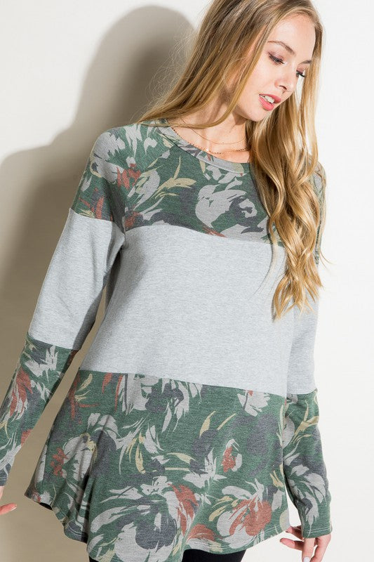 Floral Mixed Terry Long Sleeve Tunic Top