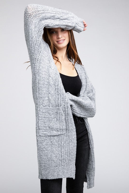 Twist Knitted Long Sleeve Open Front Cardigan With Pockets