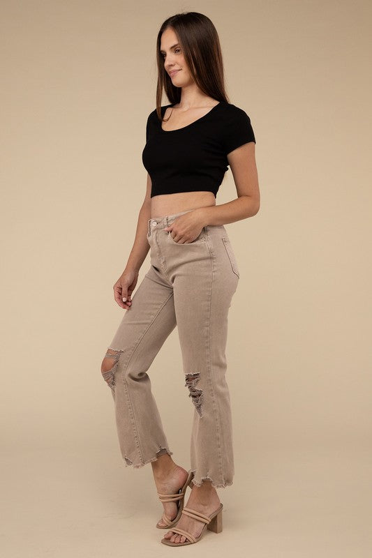 Zenana Clothing Acid Washed High Waist Distressed Straight Pants