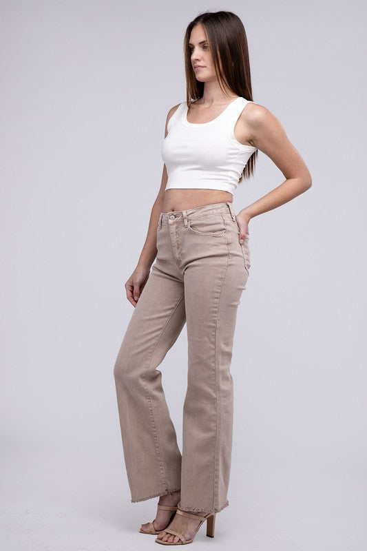 Zenana Acid Washed Frayed Cutoff Hem Straight Wide Pants