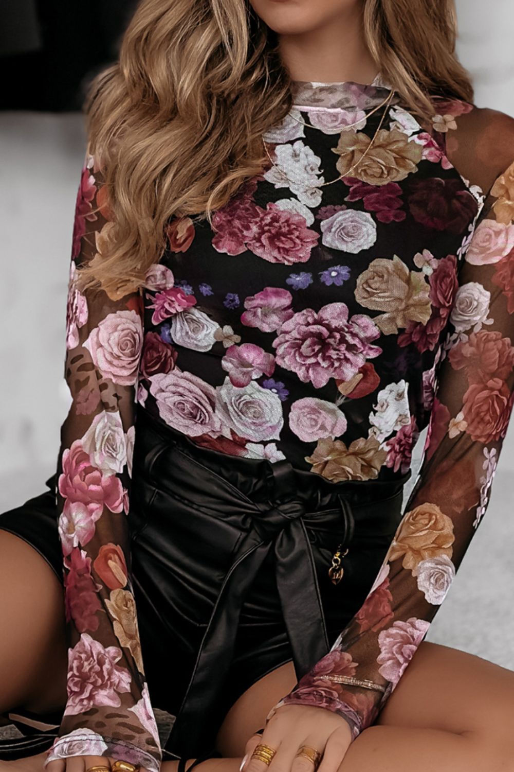 Floral Mock Neck Long Sleeve Mesh Top