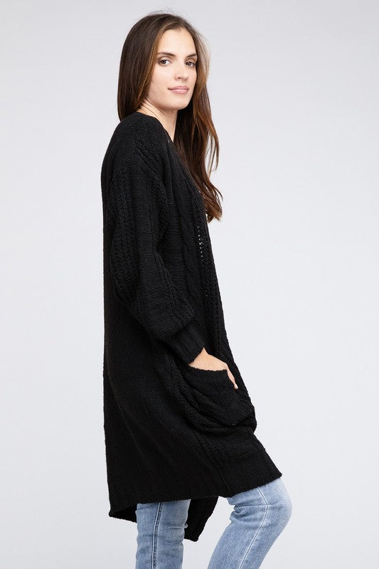 Twist Knitted Long Sleeve Open Front Cardigan With Pockets