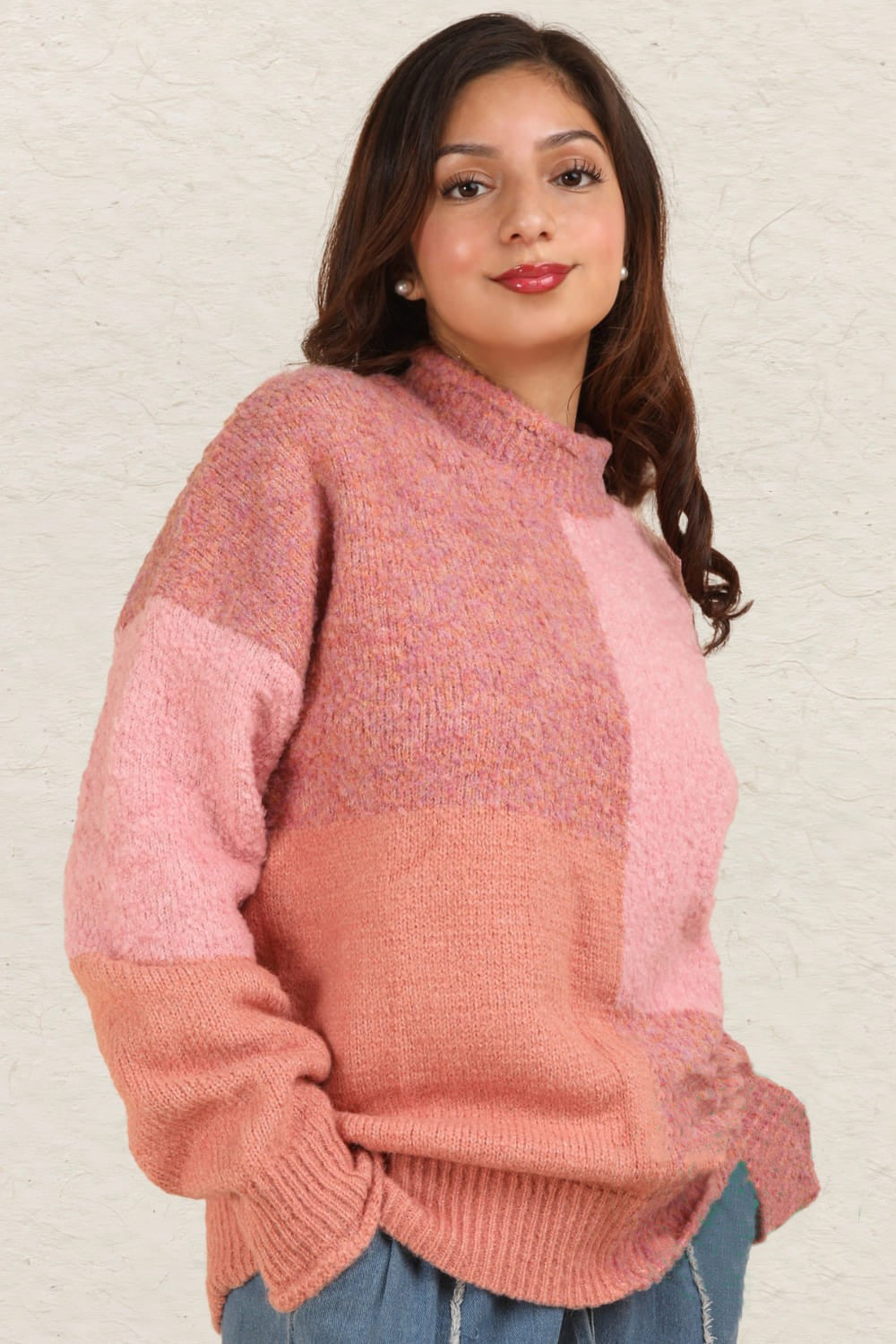 VERY J Color Block Mock Neck Drop Shoulder Sweater