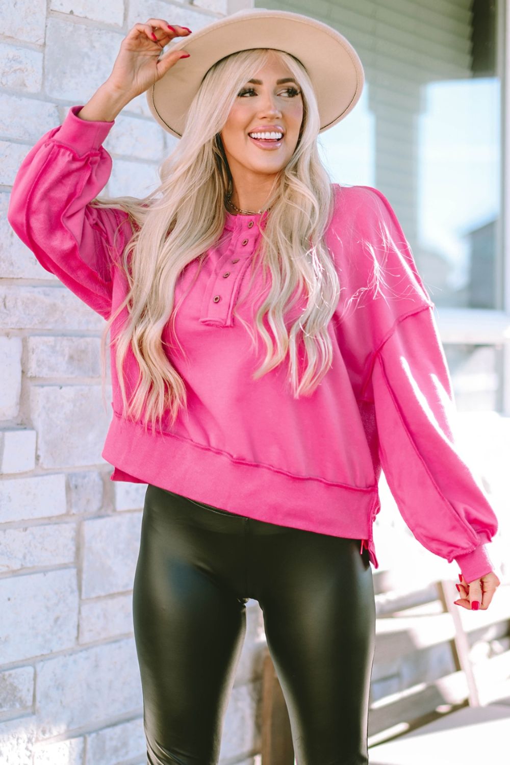 Exposed Seam Half Button Long Sleeve Sweatshirt