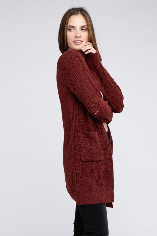 Twist Knitted Long Sleeve Open Front Cardigan With Pockets