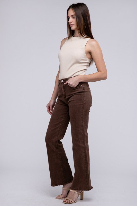 Zenana Acid Washed Frayed Cutoff Hem Straight Wide Pants