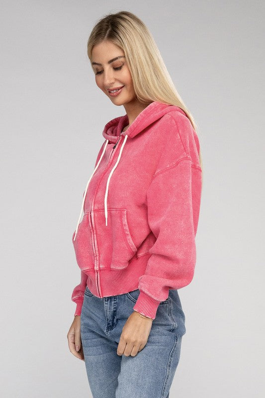 Zenana Brand Acid Wash Fleece Cropped Zip-Up Hoodie