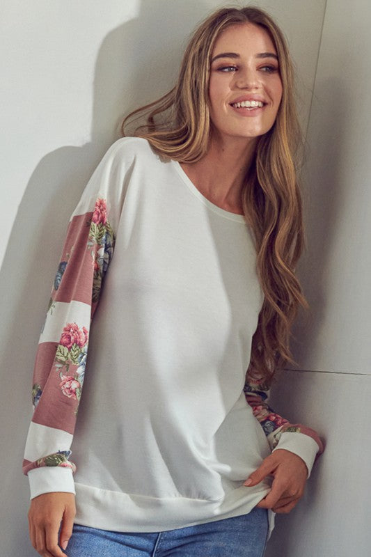 Solid Color Long Sleeve  Floral Mix Sweatshirt