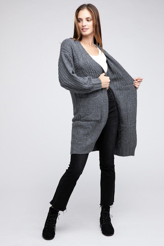 Twist Knitted Long Sleeve Open Front Cardigan With Pockets