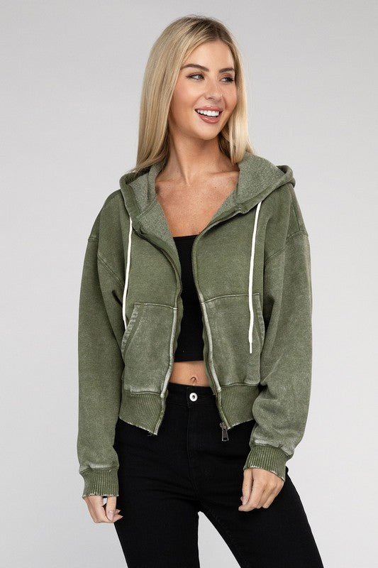 Zenana Brand Acid Wash Fleece Cropped Zip-Up Hoodie