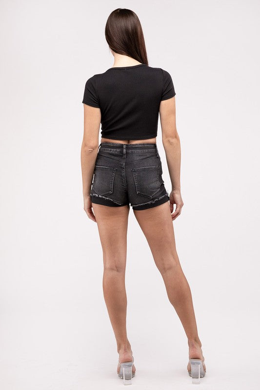 Zenana Clothing Washed Black Cuffed Raw Hem Denim Shorts