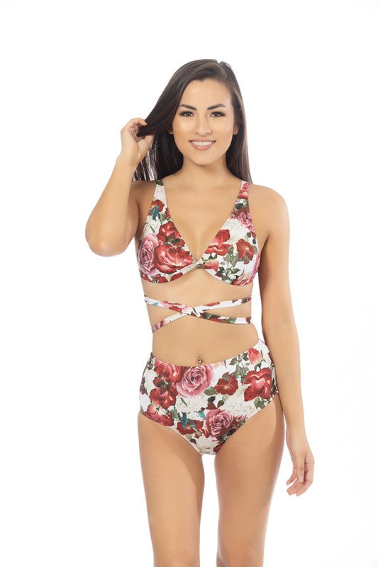 Bralette Bikini Set, Floral Print, Wrap Around Swimsuit