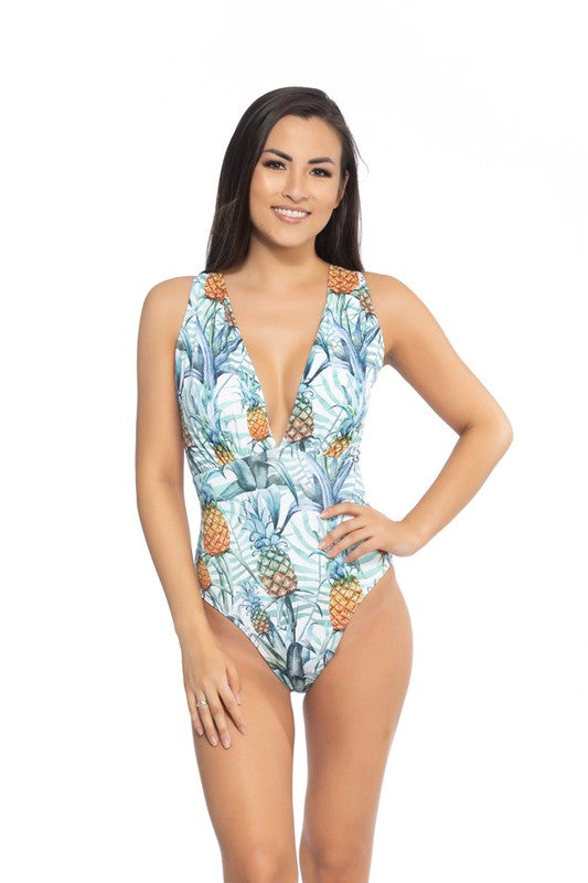 Pineapple Print V Neckline  One Piece Swimsuit