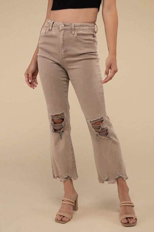 Zenana Clothing Acid Washed High Waist Distressed Straight Pants