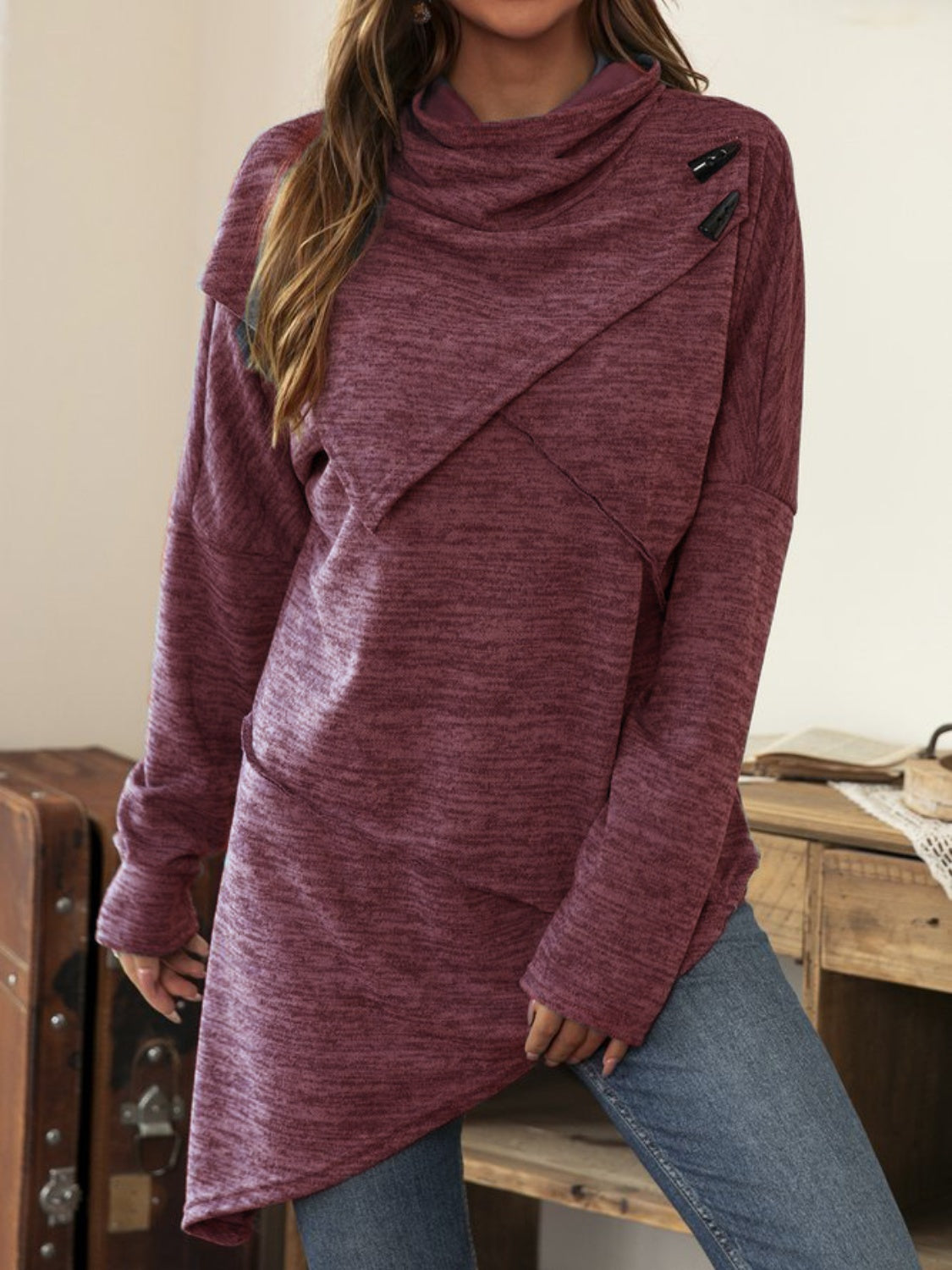 Asymmetrical Hem Cowl Neck Long Sleeve T-Shirt